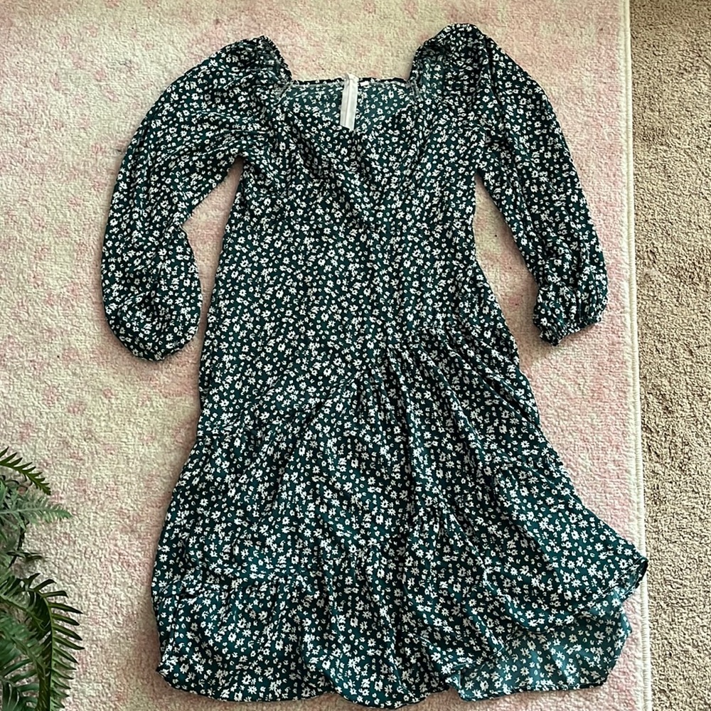 Green midi length floral dress with bustier outline